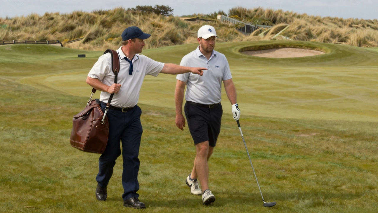 Traditional caddie guiding a golfer on the St Andrews links course
