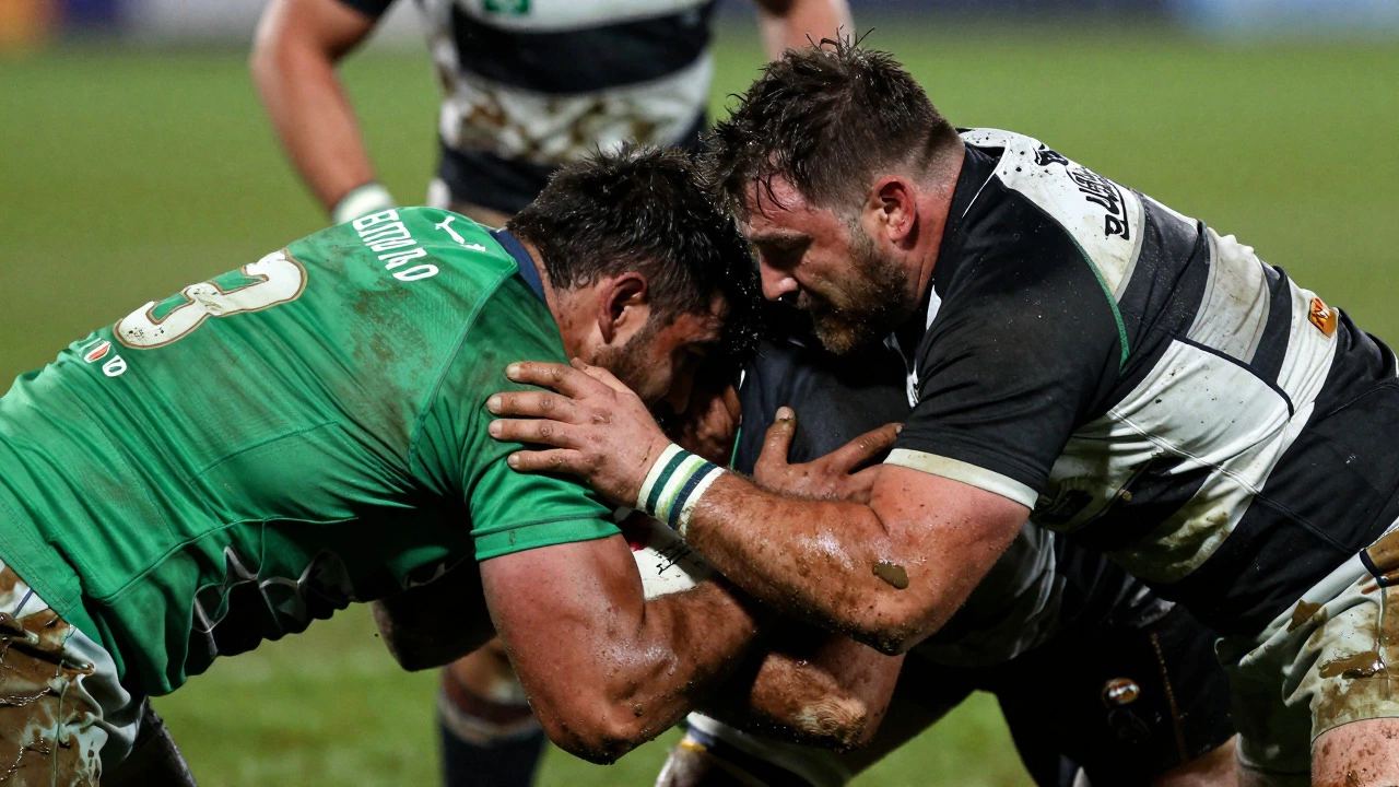Two rugby players engaging in a muddy, intense scrum