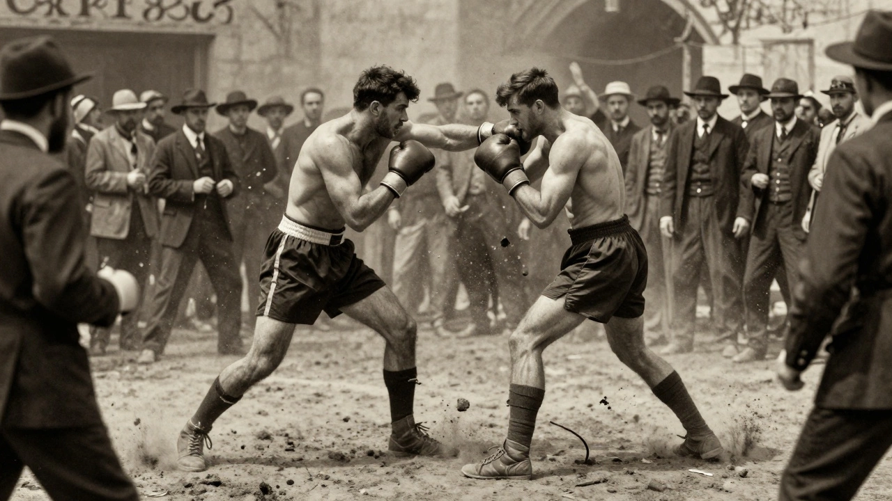 Vintage illustration of a brutal bare-knuckle fight in the early 1900s