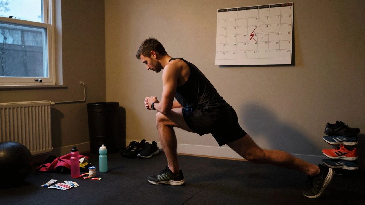 A runner doing lunges in a home gym surrounded by training gear and a marked calendar.
