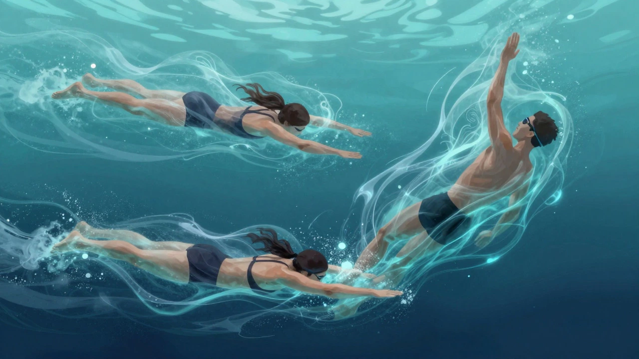 Abstract art showing three swimmers practicing different strokes in flowing water