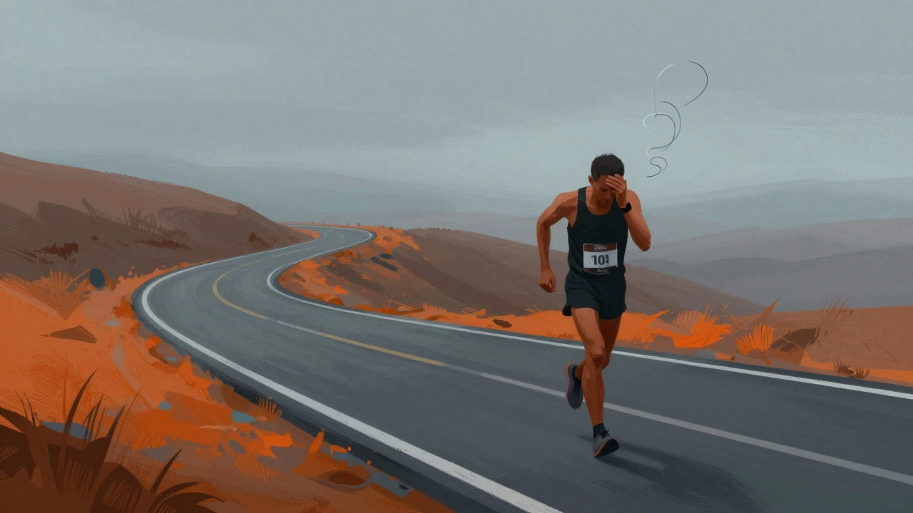 An artistic depiction of a struggling runner on a hilly road, symbolizing mid-race fatigue.