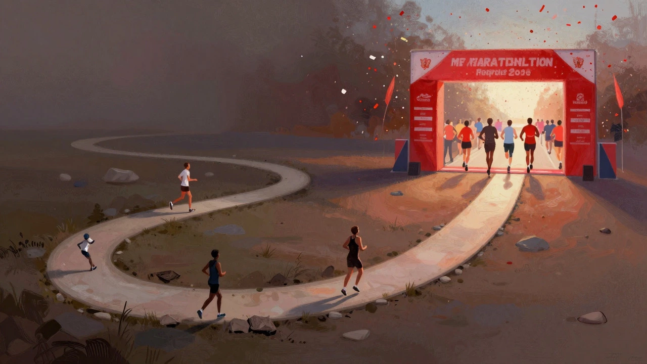 Artistic depiction of a winding path leading to a marathon finish line