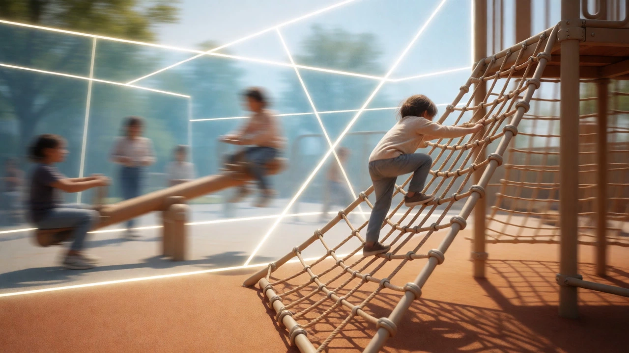 Child climbing a net structure with abstract visual overlays representing safety fall zones and physical development.