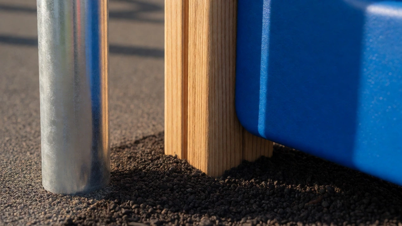 Close-up comparison of galvanized steel, engineered wood, and HDPE plastic materials used in playground construction.