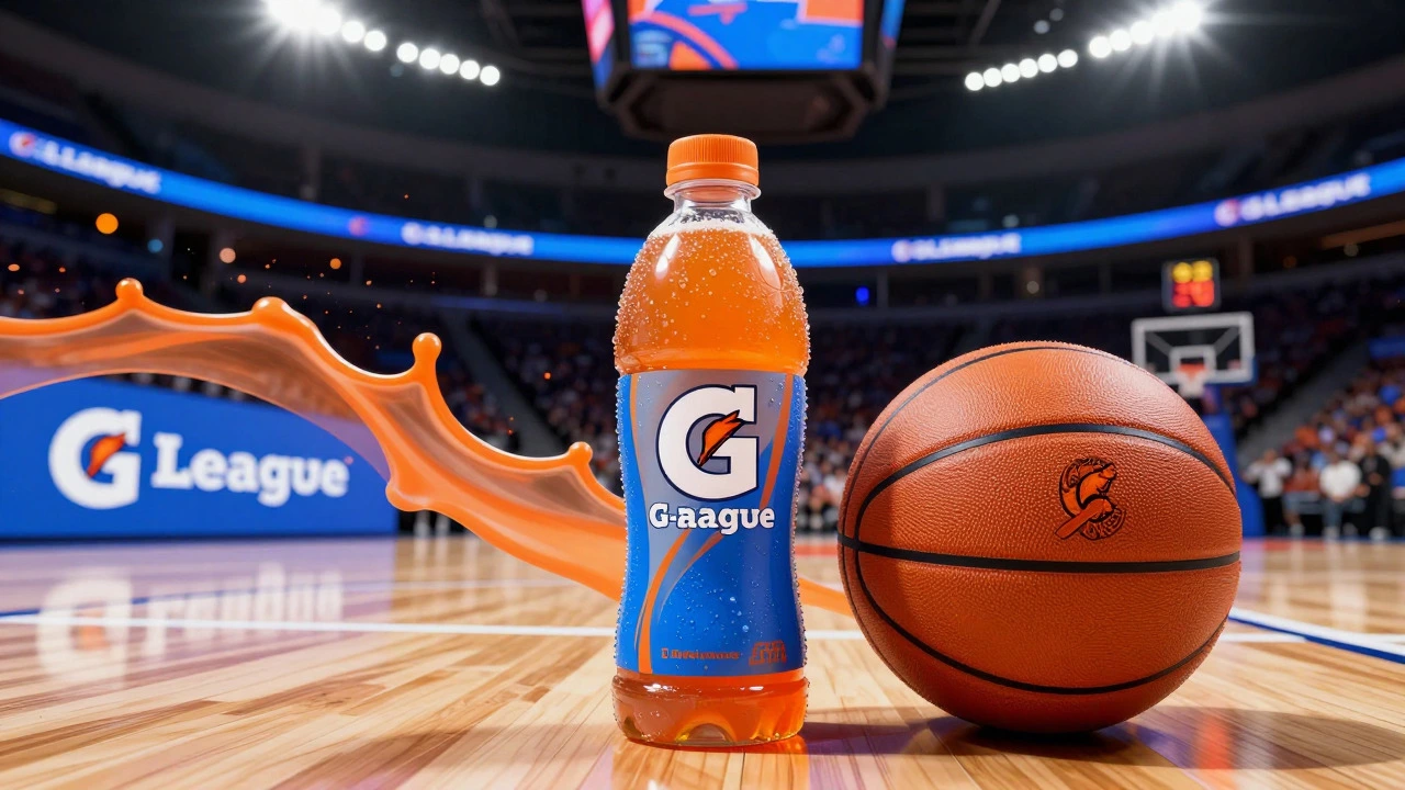 Dynamic splash of orange Gatorade merging with a basketball court and modern logo