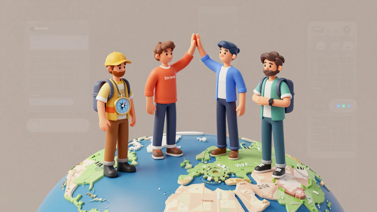 Four digital avatars representing different cycling apps standing on a stylized map globe.