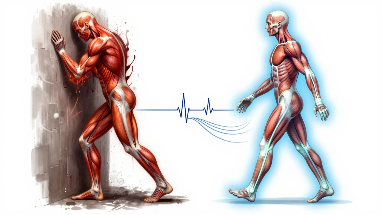 Illustration contrasting muscle strain during running with recovery while walking