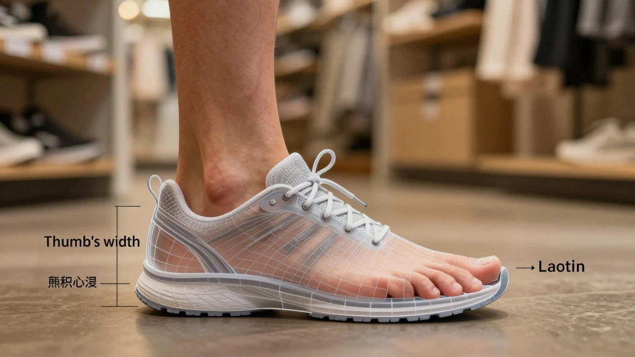 Illustration showing proper toe space and foot swelling in running shoes