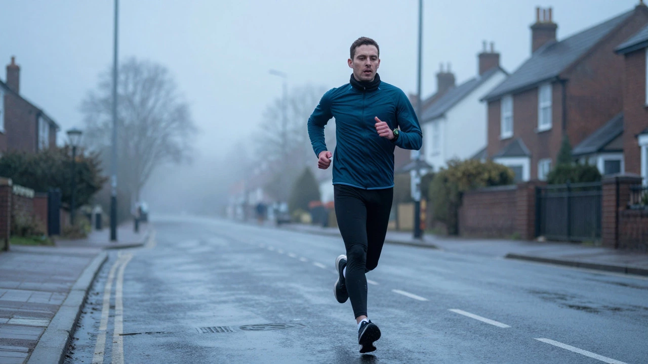 Lone runner training on a misty UK street at dawn