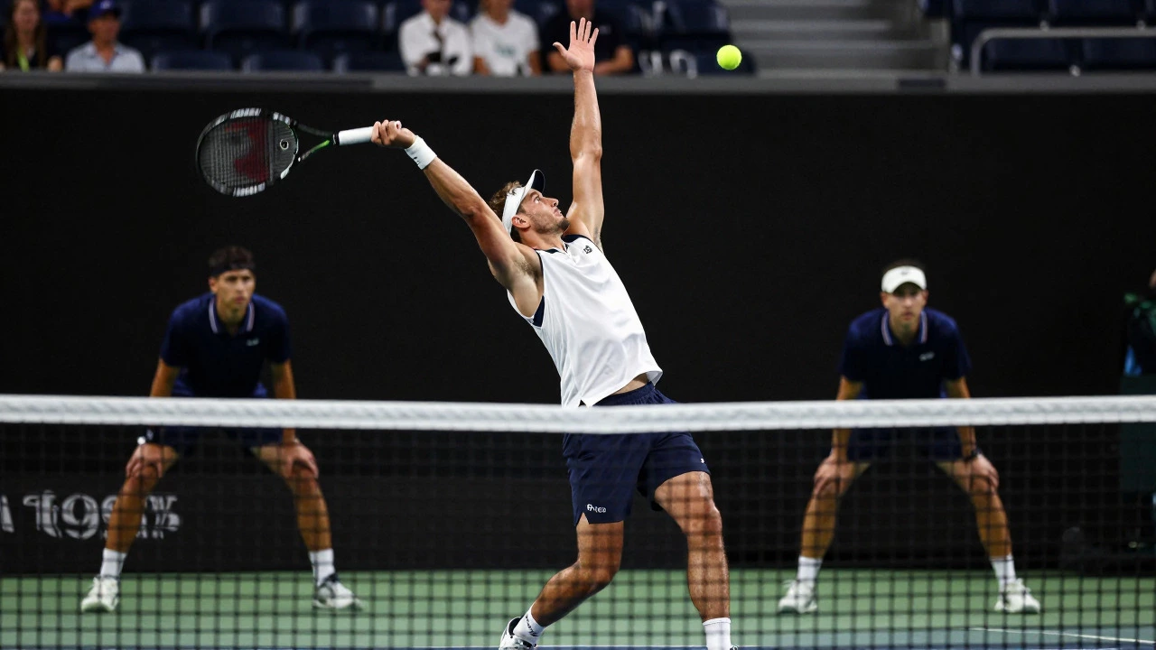 Low angle view of a tennis player serving accurately into the service box