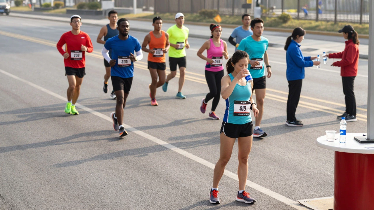 Runner pausing at an aid station to hydrate while others continue running