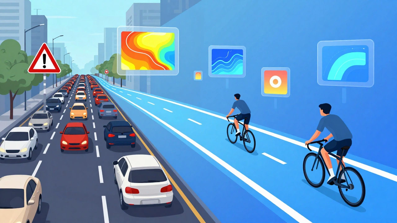 Split illustration contrasting dangerous car traffic with a safe, highlighted bike lane.