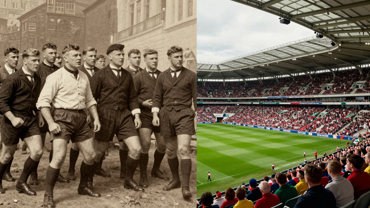 Split image contrasting historic northern league roots with modern southern union culture