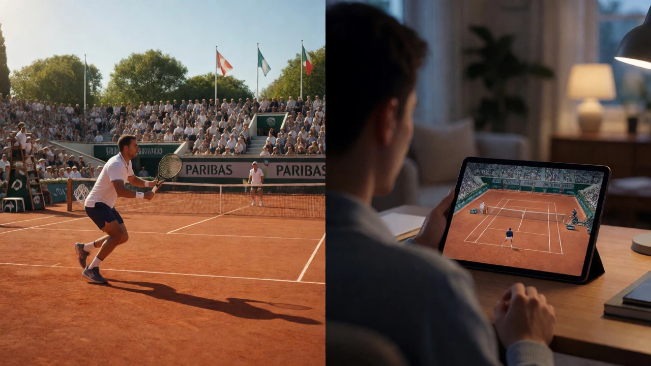 Split view comparing live French Open action with home replay viewing