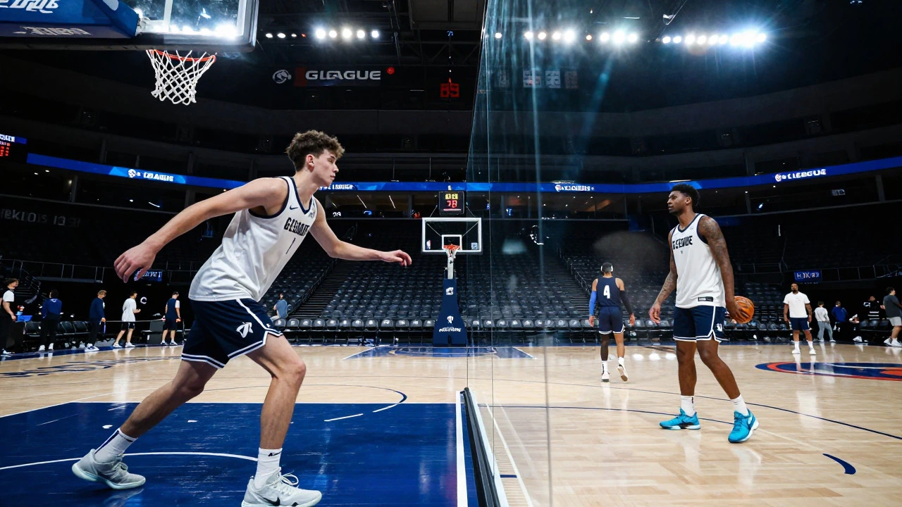 Split view of a basketball player training in G League and playing in NBA arena