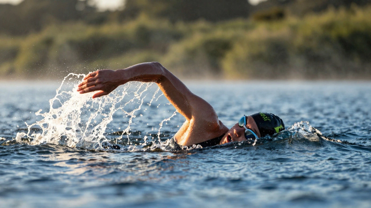 Swimmer performing front crawl in open water during golden hour sunset