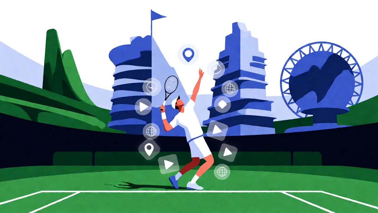 Tennis player serving amidst abstract icons representing global streaming rights