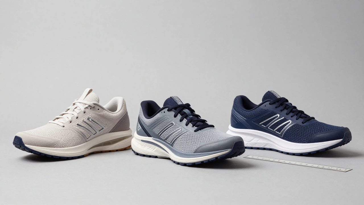 Three types of running shoes displayed side by side for comparison