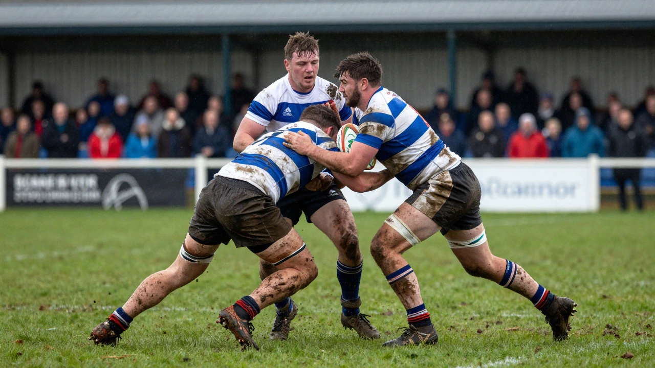 Two rugby players tackling fiercely on a muddy pitch during a match