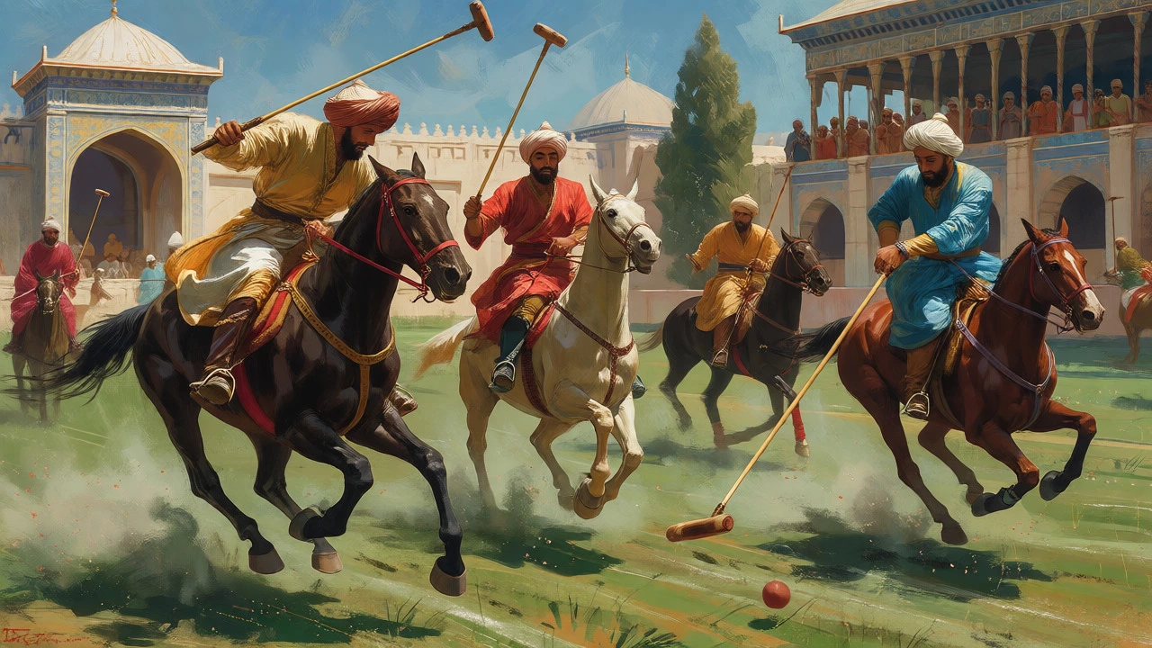 Ancient Persian riders playing polo on horseback in a royal field