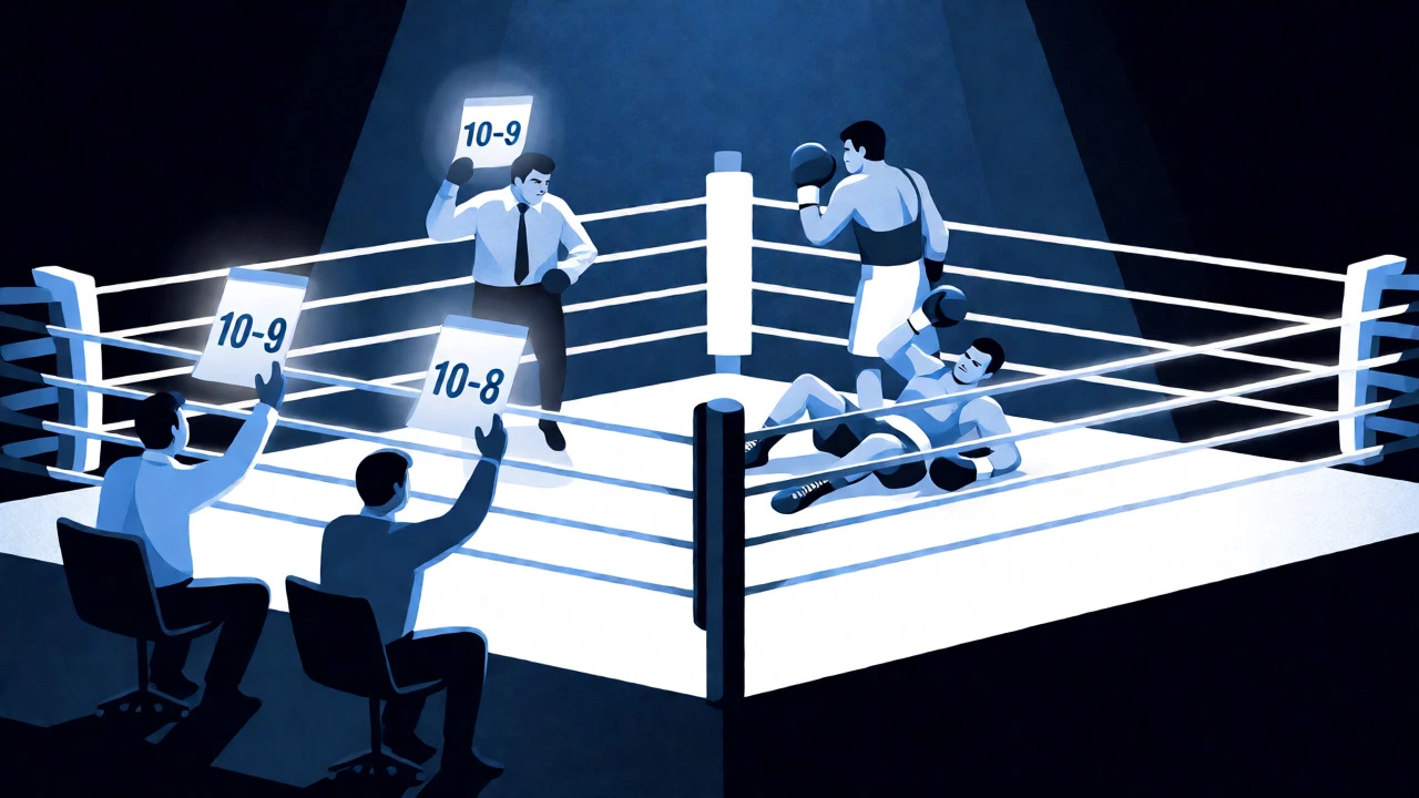 Artistic depiction of boxing judges scoring a fight using the 10-point must system.