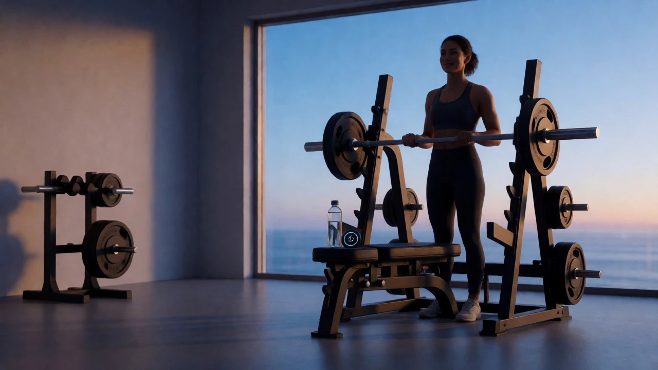 Athlete resting calmly beside a bench press in a modern gym studio.