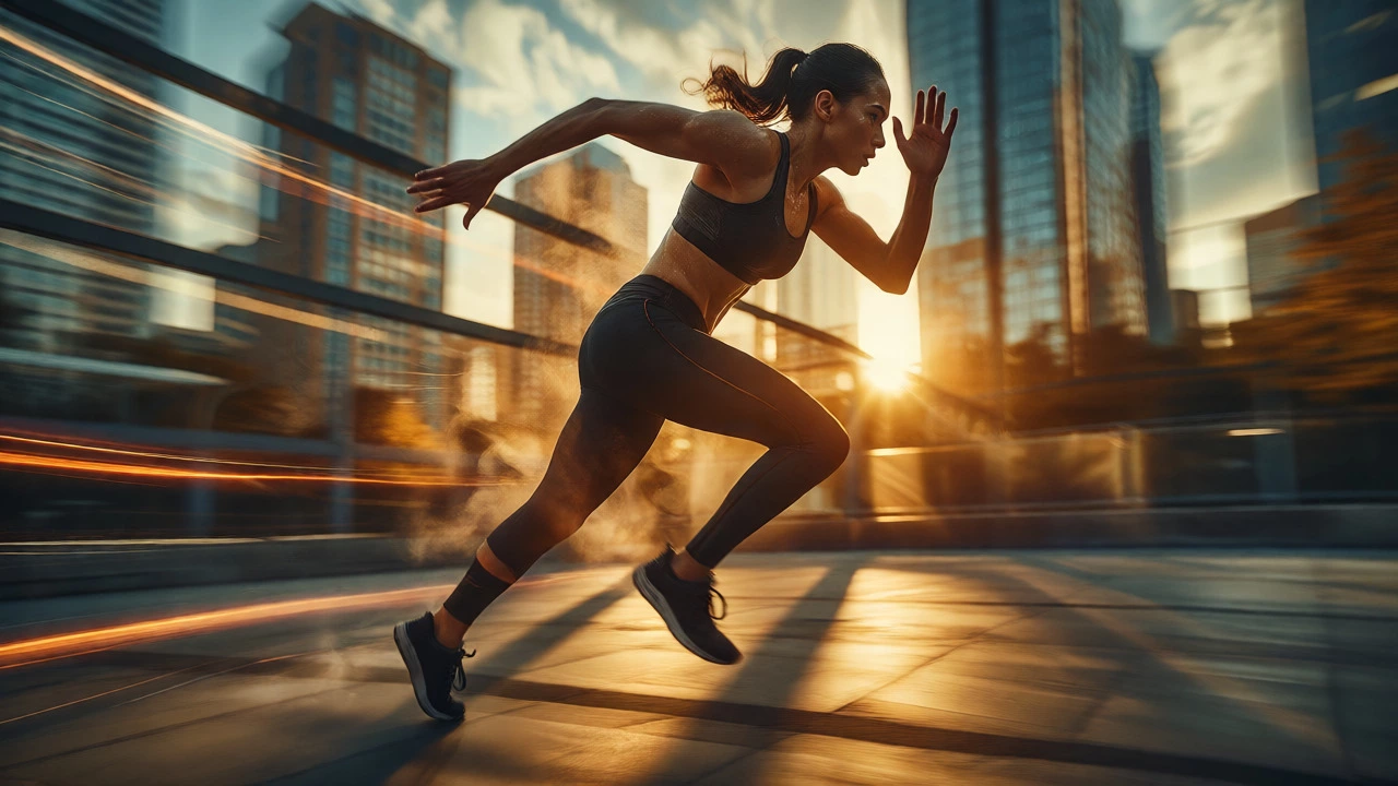 Athlete sprinting intensely outdoors during a HIIT workout