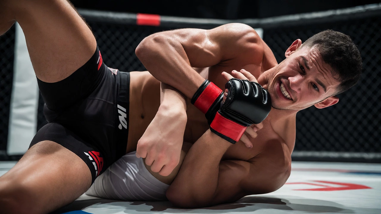 Close-up of MMA fighters engaging in ground grappling and submission techniques inside the cage.