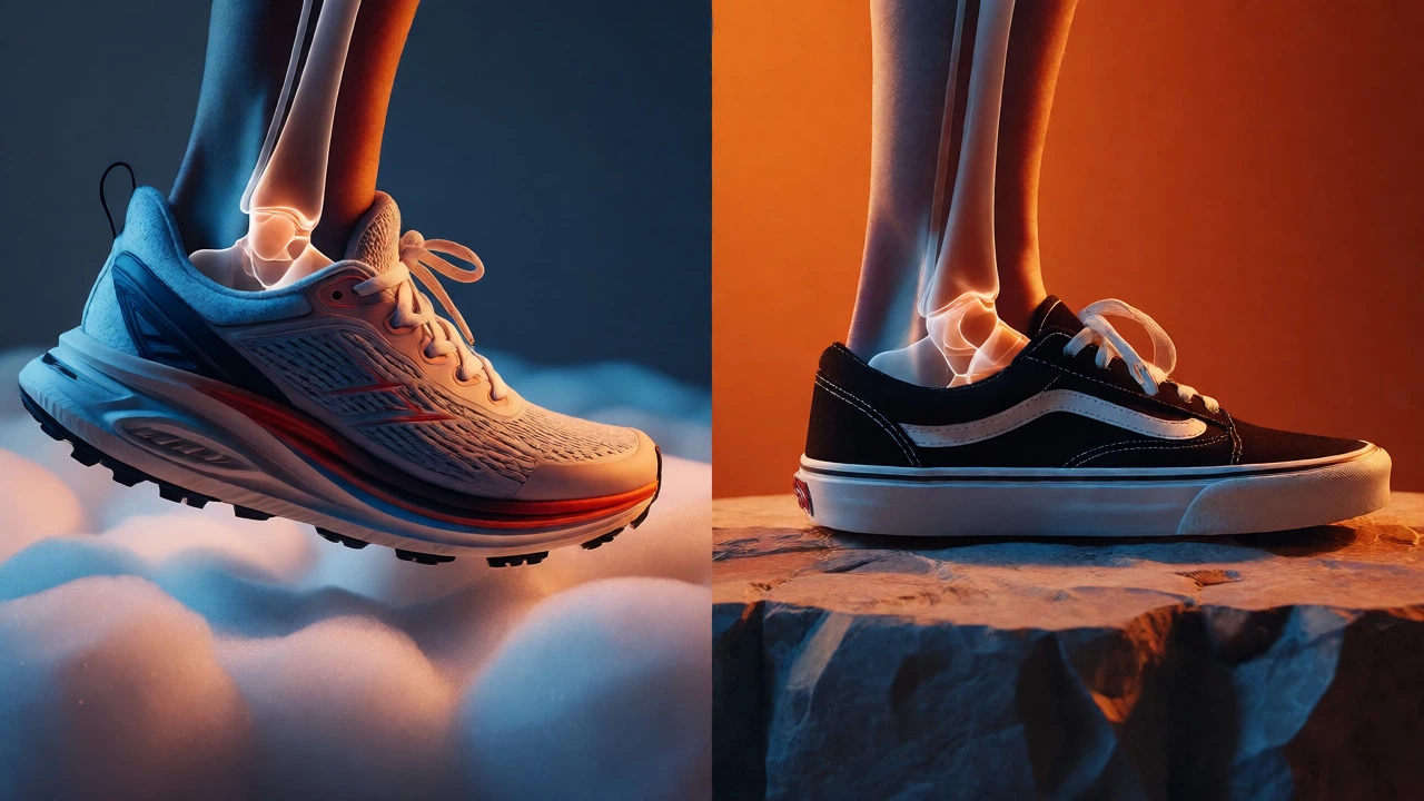 Conceptual comparison of running shoe cushioning versus flat Vans sole