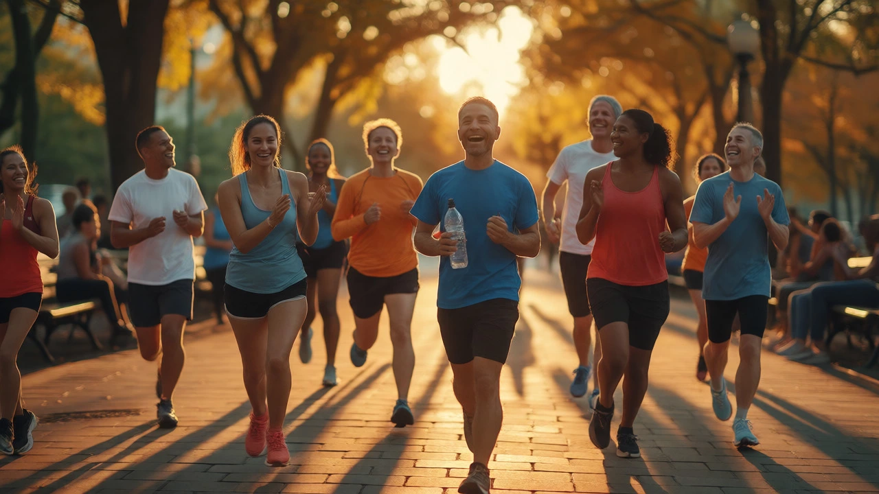 Group of amateur runners celebrating after finishing a 10K race in a park.