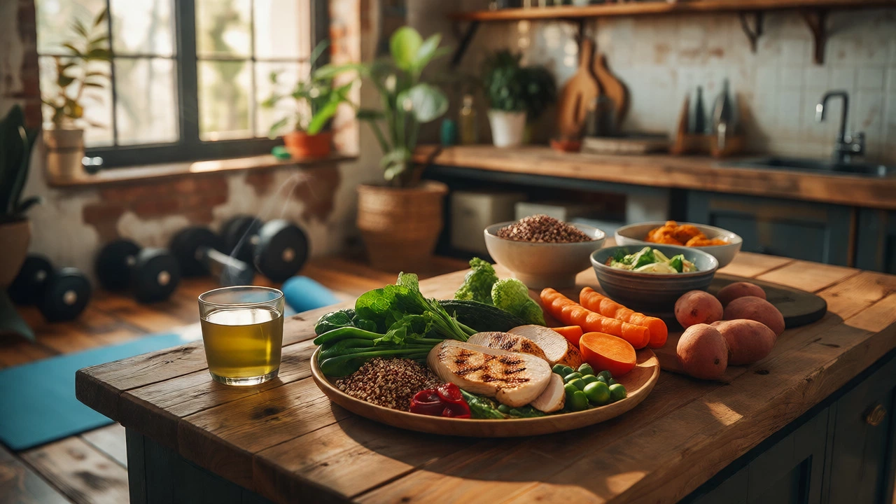 Healthy meal prep with lean protein and vegetables near gym equipment