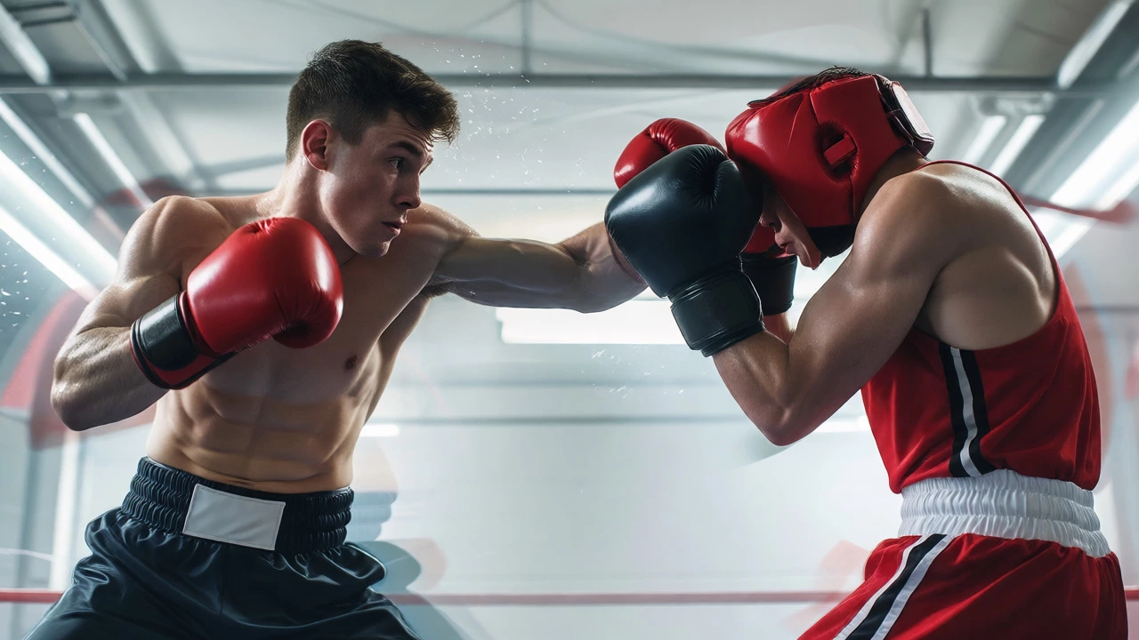 Lightweight boxer throwing rapid combinations against a defender