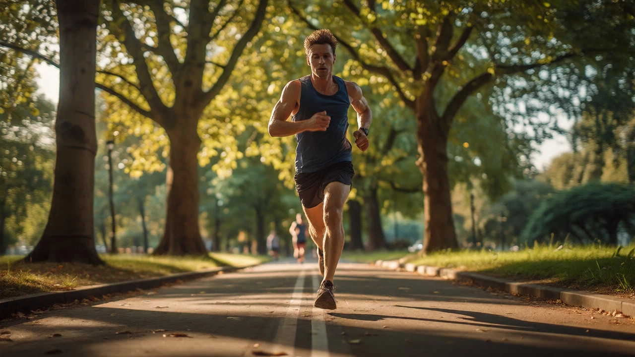 Male runner straining on a park path, illustrating mental toughness at mile five.