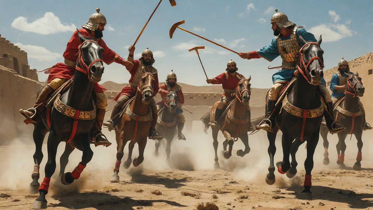 Persian cavalry playing polo on a dusty plain