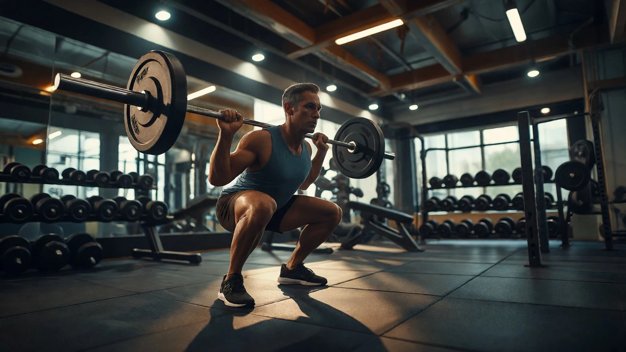 Person performing heavy barbell squats in a gym