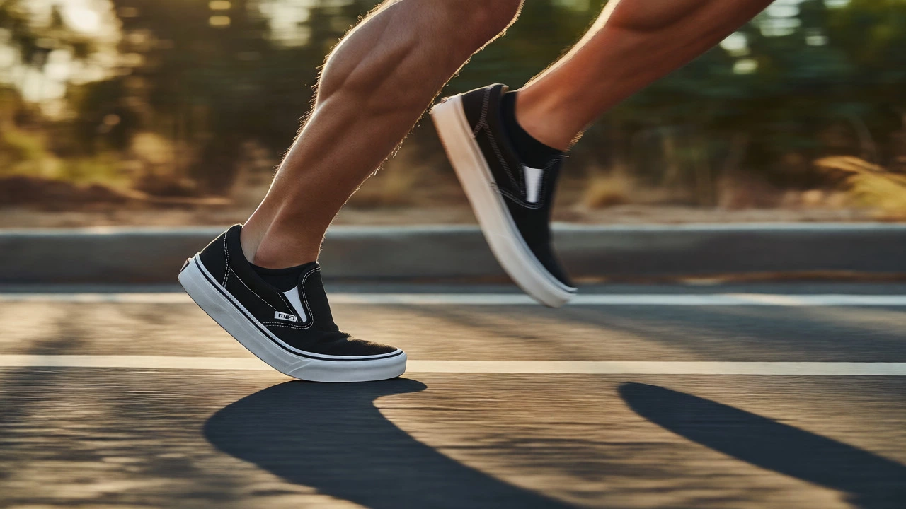 Runner in Vans hitting asphalt with minimal cushioning during stride