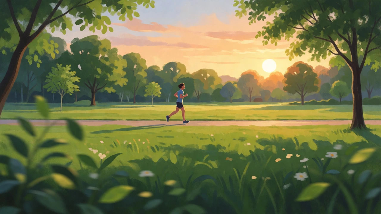 Runner jogging calmly in a park during golden hour sunlight