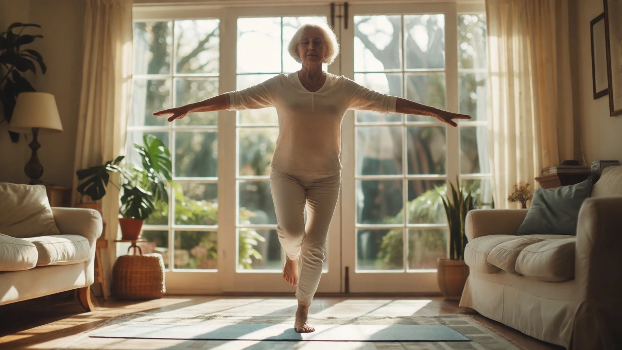 Senior woman balancing on one leg in a sunlit room