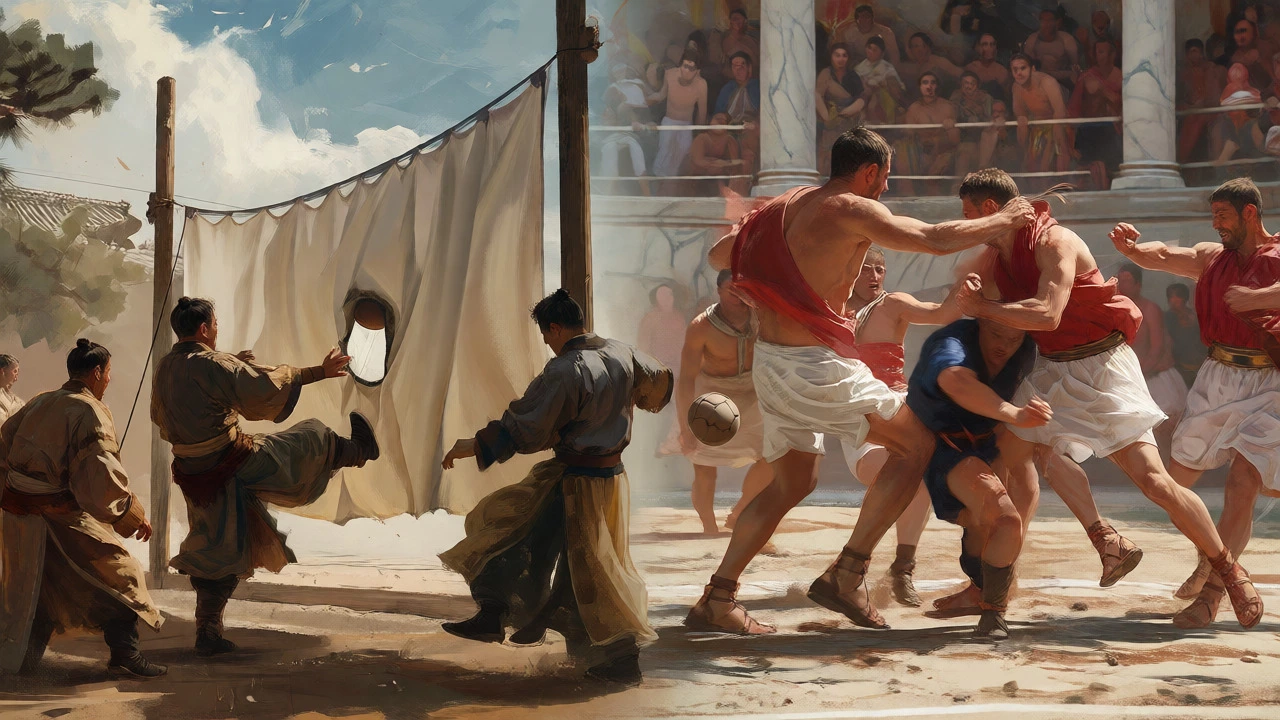 Split scene showing ancient Chinese Cuju and Roman Harpastum games