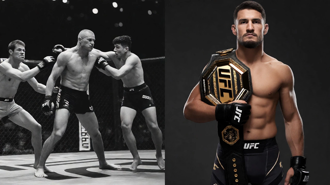 Split visual comparing early chaotic fighting styles with modern regulated MMA championship standards.