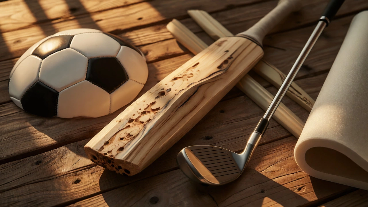 Still life of cricket bat, soccer ball, golf club, and yoga mat