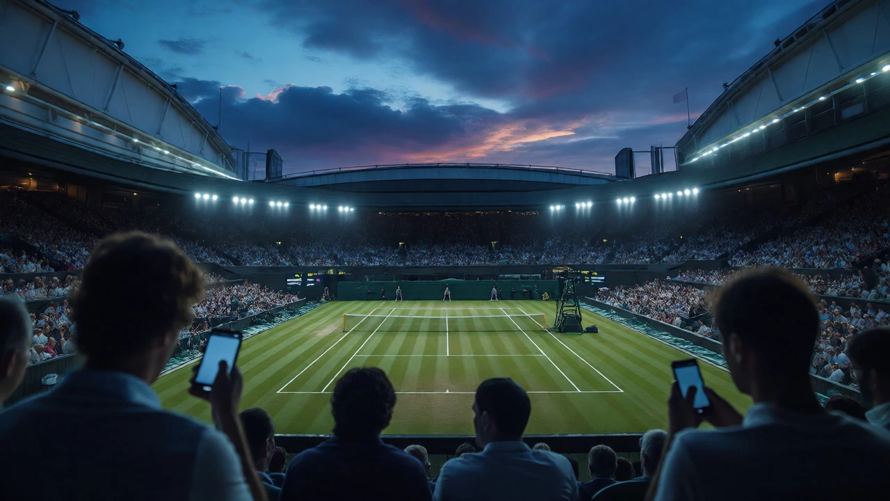 Wimbledon stadium at dusk with fans checking phones for match updates