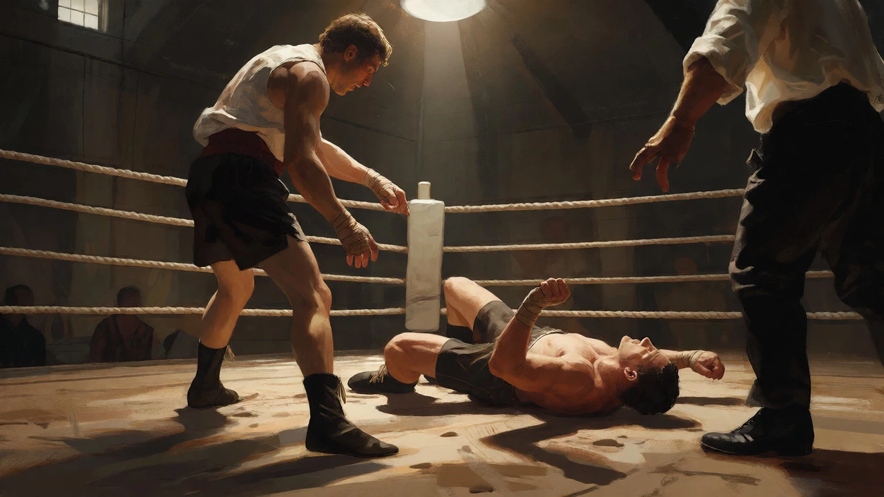 Bare-knuckle fighter rising after a knock-down in an 18th-century ring under bright sunlight.