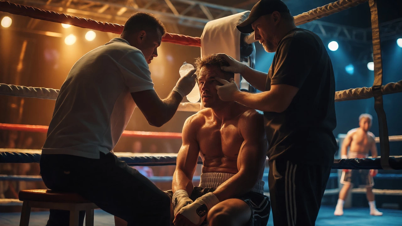 Boxer receiving coaching and hydration in the corner during a rest period between rounds.