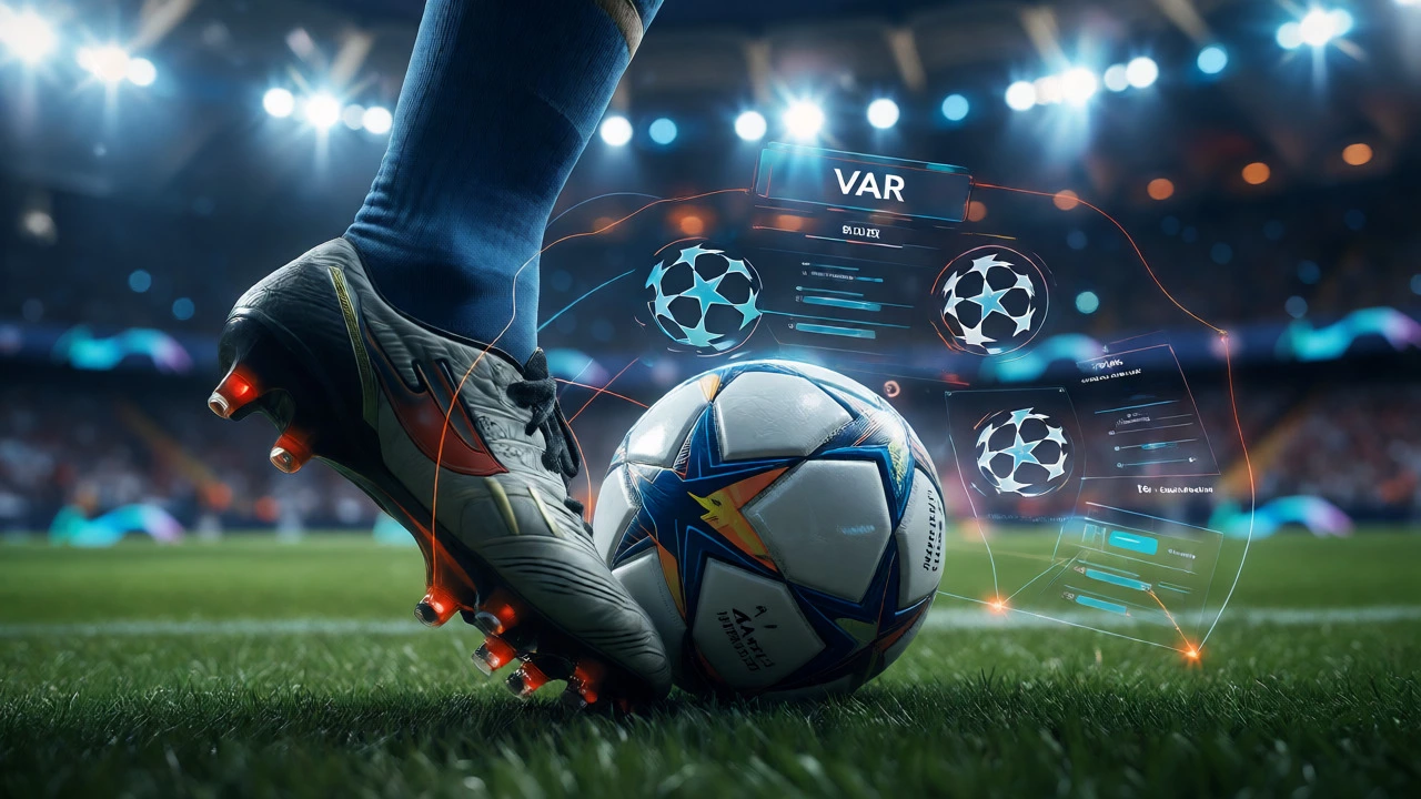 Close-up of a football kick with digital overlays representing VAR and official data tracking.