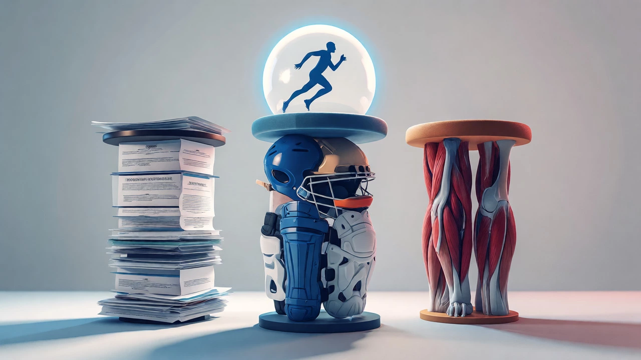 Conceptual illustration of three pillars supporting sports participation: rules, gear, and fitness.