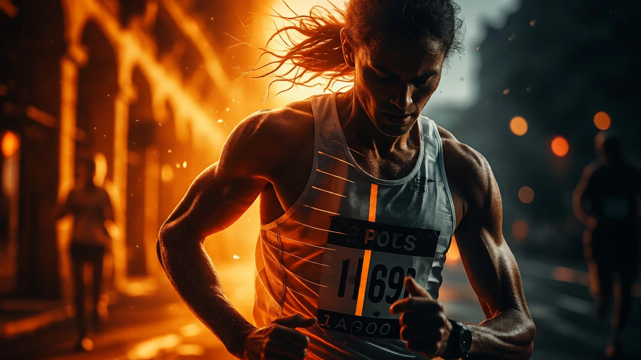 Conceptual split view of a marathon runner contrasting energy and fatigue.