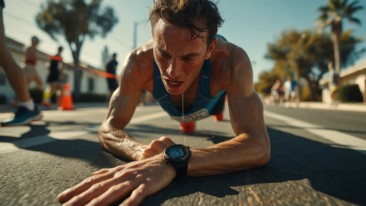 Exhausted runner struggling near mile 20 checking GPS watch