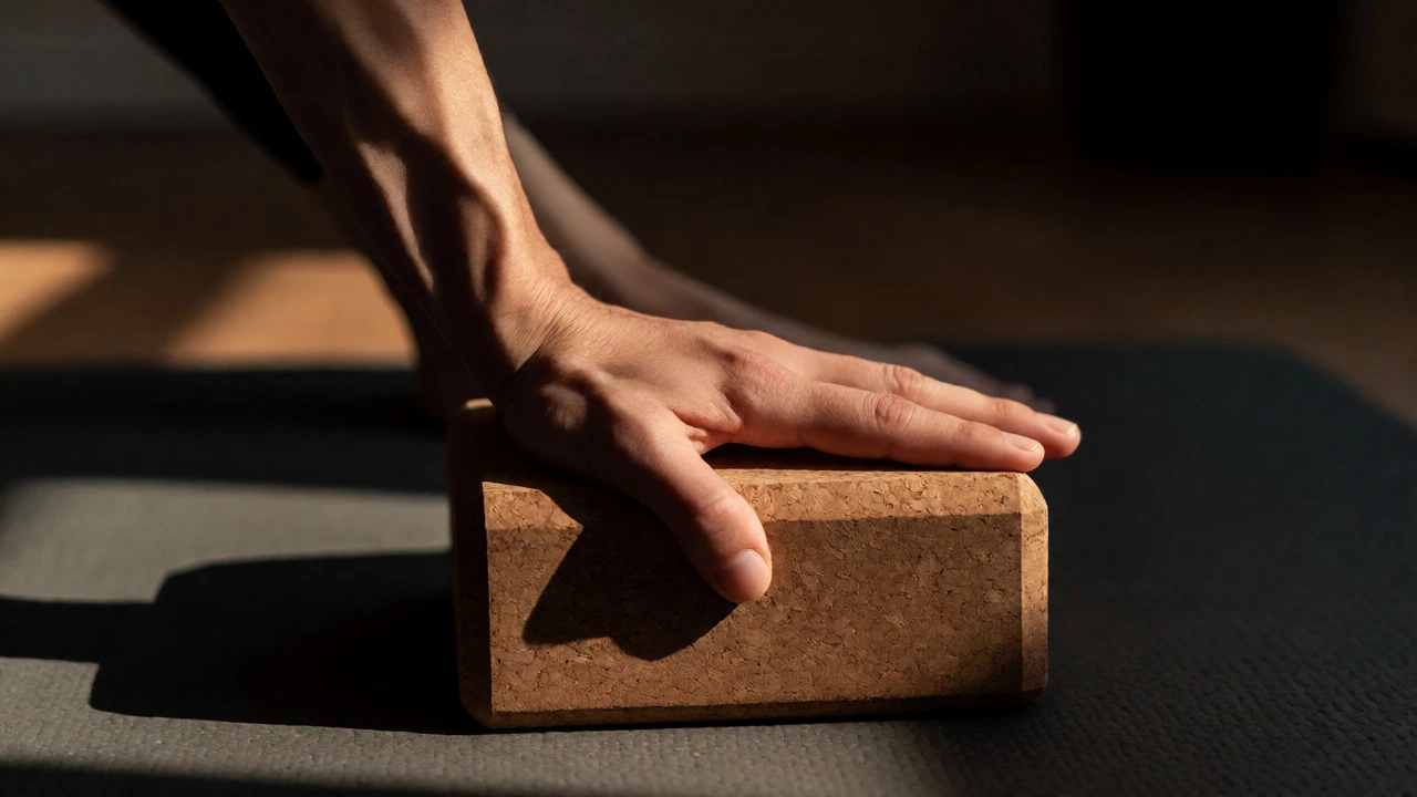 Hands using a cork yoga block for support in a modified pose